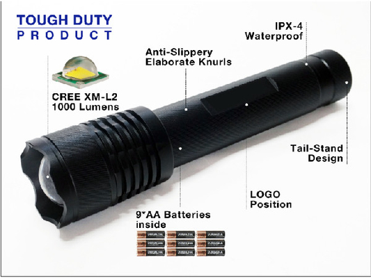 Lumen principal de la luz de antorchas 1000 de la alta seguridad del enfoque con 9 * pilas AA